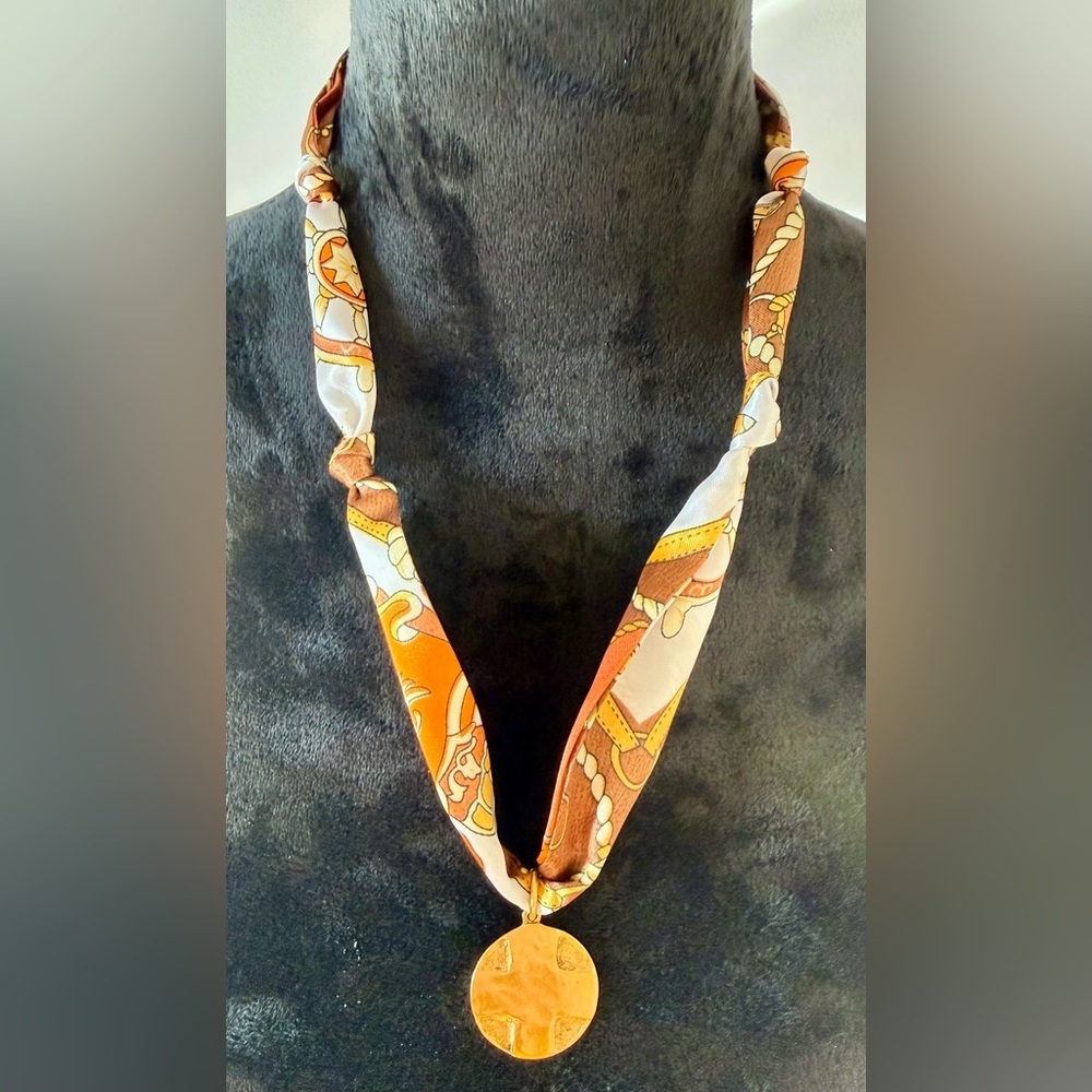 NEW Limited Edition Scarf Necklace Knotted Orange, brown and White with Cross - Picture 2 of 2